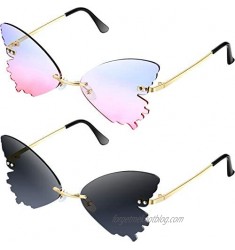 2 Pairs Butterfly Rimless Sunglasses Cat Eye Oversized Eyewear Metal Frame Sunglasses for Men and Women  2 Colors