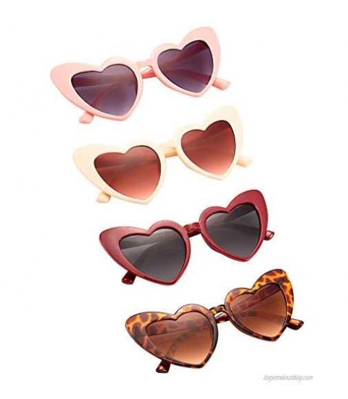 4 Pairs Heart Shaped Sunglasses Goggle Vintage Cat Eye Sunglasses Mod Style Retro Glasses with 4 Pieces Glasses Cloth 4 Pieces Flannel Bag for Party Supplies