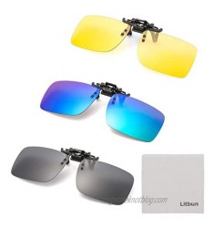 Litbun 3 PACK  Clip on Sunglasses Flip up Polarized Lens For Prescription Glasses  UV Protection Over RX Eyeglasses  Black  Blue  Yellow  Free