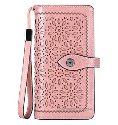 HUANLANG Women Wallets Large Ladies Leather Wallet with Coin Pocket RFID Wallet Organizer for Women with Wrist Strap (Pink)