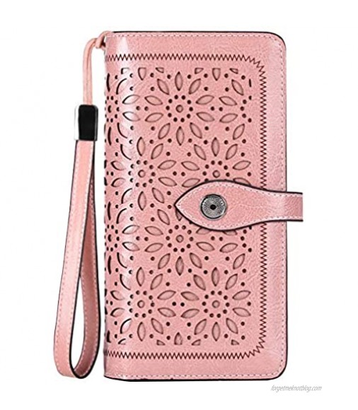 HUANLANG Women Wallets Large Ladies Leather Wallet with Coin Pocket RFID Wallet Organizer for Women with Wrist Strap (Pink)