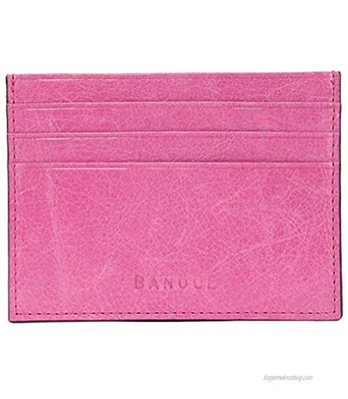 Banuce Top Grain Leather Card Holder for Women Men Unisex ID Credit Card Case Slim Card Wallet Pink