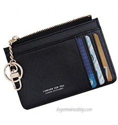 Women Slim Leather Minimalist Front Pocket Wallet Card Case Holder with ID Window & Keychain (Black)
