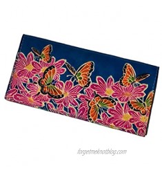 BPLeathercraft Genuine Leather Checkbook Cover  the World of Flowers & Butterflies Pattern Embossed. (Blue)