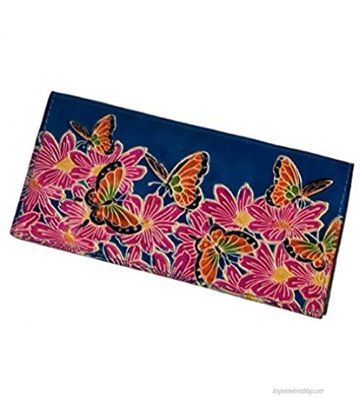 BPLeathercraft Genuine Leather Checkbook Cover the World of Flowers & Butterflies Pattern Embossed. (Blue)