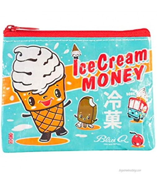 Blue Q Coin Purse Ice Cream Money. Made from 95% recycled material the ultimate little zipper bag to corral money ear buds gift cards stamps vitamins coins. 3h x 4w.