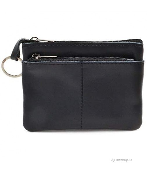 Women Genuine Leather Coin Pouch Zip Mini Purse Wallet Key Chain Double Zipper