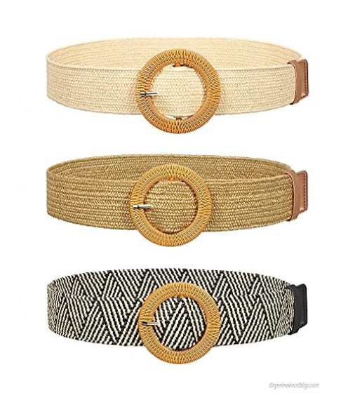 3 Pieces Straw Woven Belt Elastic Stretch Waist Belt Braided Skinny Dress Waist Belt Wood Color Buckle for Women