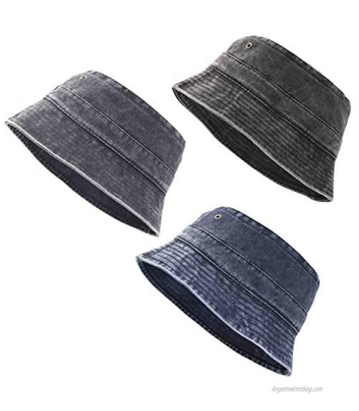 3 Pack Vintage Cotton Washed Plain Denim Packable Retro Bucket Hats Soft Outdoor Travel Caps for Men & Women