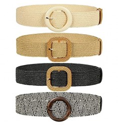 4 Pieces Woven Elastic Waist Belt for Women Straw Woven Style Skinny Dress Belt Waist Band with Vintage Buckle for Women Ladies Dresses Pants  4 Styles