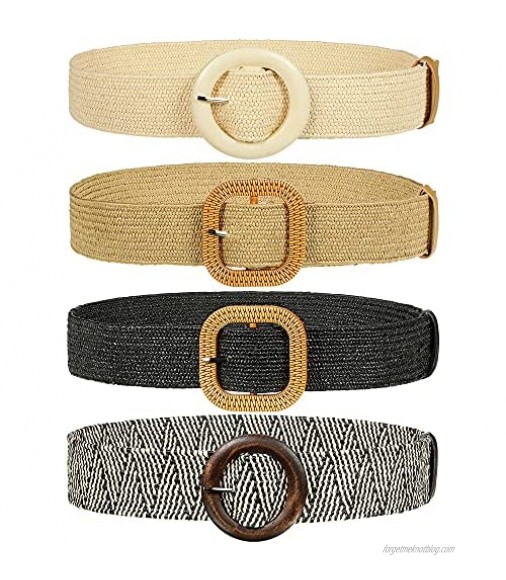 4 Pieces Woven Elastic Waist Belt for Women Straw Woven Style Skinny Dress Belt Waist Band with Vintage Buckle for Women Ladies Dresses Pants 4 Styles