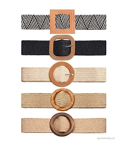 5 Pieces Straw Woven Waist Belts Braided Waist Band Elastic Skinny Dress Belt Stretch Waist Belt Accessory for Jeans Dresses and Pants