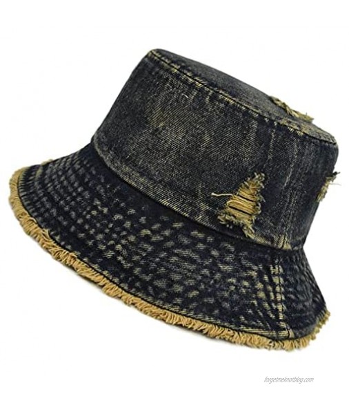 Distressed Denim Bucket Hat Ripped Frayed Edge Sun Hat for Women Men