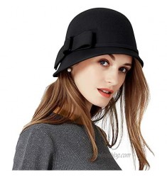F FADVES Women Solid Color 100% Wool Winter Hat Women Cloche Bucket Bowler with Bowknot