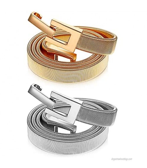 Henreal 2 Pieces Women Skinny Metal Cinch Belt Metal Lock Waistband Elastic Waist Belt Adjustable Stretch Chain Belt