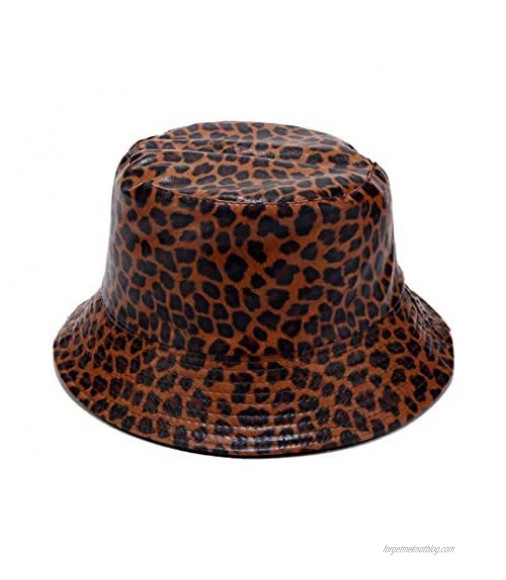 Leopard Print Bucket Hat PU Leather Cheetah Animal Pattern Rain Hats Reversible Packable Fisherman Caps for Women Men