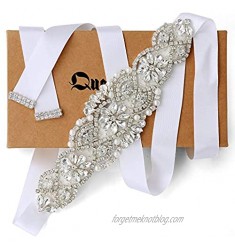 QueenDream Crystal Wedding Belt White Satin Bridal Sash Wedding Belt for Bride and Bridesmaid