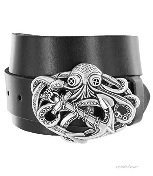 Unique Buckle Antique Engraved one-piece Full Grain Leather Casual Jean Belt 1-1/2(38mm) Wide