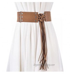 Uniquetotop Retro Women Belt Wide Waist Belt Women's Tassel Belt Dress Knotted Decoration Brown