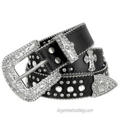 Women Rhinestone Belt Fashion Western Cowgirl Bling Studded Design Cross Concho Leather Belt 1-1/2"(38mm) wide