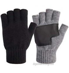1/2 Pairs Winter Knit Fingerless Gloves  Warm Touchscreen Texting Open Finger Gloves with Anti-Slip Leather by Maylisacc