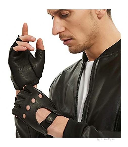 Fingerless Leather Gloves Men - NOVBJECT Driving Gloves Deerskin Unlined Half Finger Motorcycle Outdoor