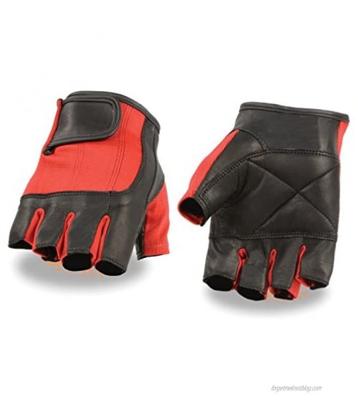 Insane Bikers - Men's Leather Mesh Combo Fingerless Gloves Red & Black