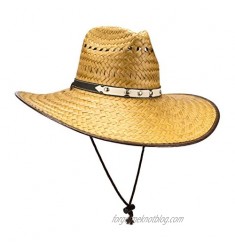 Super Wide Brim Cowboy Lifeguard Palm Leaf Straw Hat  Flex Fit  Chin Strap  L