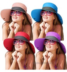 4 Pieces Women Summer Sun Hats UV Protection Mesh Wide Brim Bucket Hats Foldable Beach Fishing Caps with Ponytail Hole for Outdoor Sports