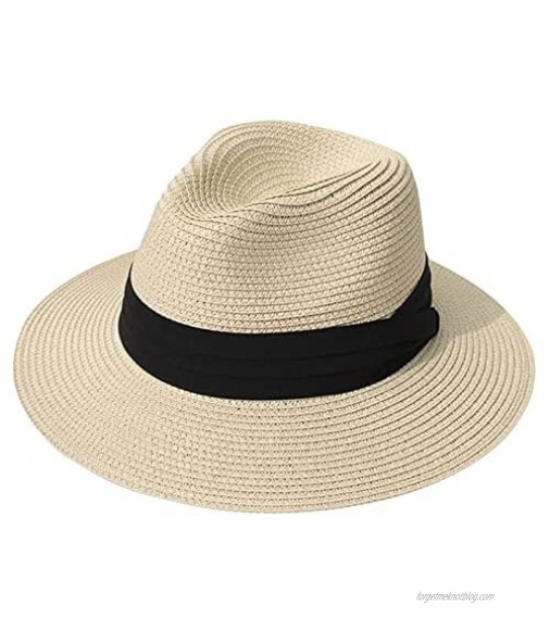 Fedora Beach Hat Men Women Wide Brim Straw Panama Hats Foldable Roll Up Hat Fedora Summer Beach Sun Hat