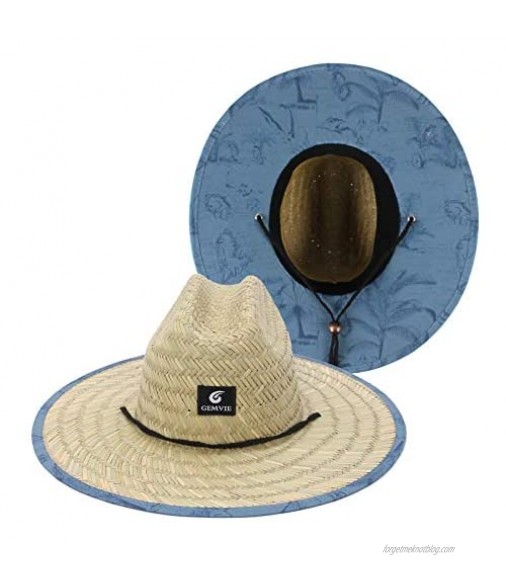 GEMVIE Men & Women's Straw Sun Hat UPF 50+ Straw Lifeguard Hat Printed Under Brim Beach Straw Hat Outdoor Fishing Sun Hat