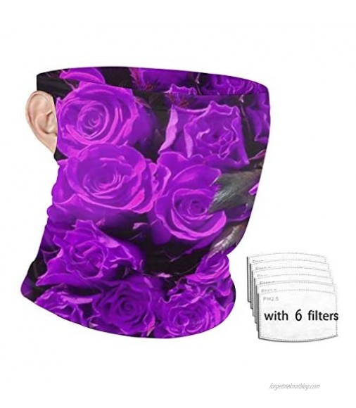 Face Scarf Mask Men/Women Purple Rose Flower Face Mask Neck Gaiter Ear Loops Bandana for Dust Outdoors Sports