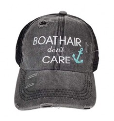 Boat Hair Don't Care Women's Distressed Ponytail hat with Size Adjustment on Back Black