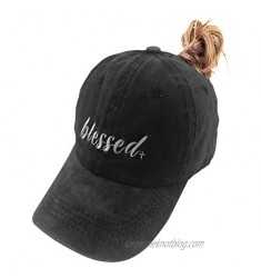 MANMESH HATT Blessed Ponytail Hat Messy Bun Vintage Washed Distressed Twill Plain Baseball Cap for Women
