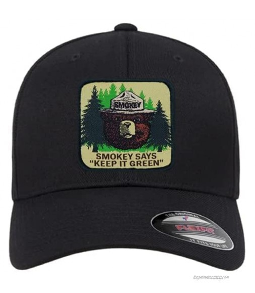 Smokey The Bear Flexfit Fitted Hats with Smokey Says Keep it Green Woven Patch