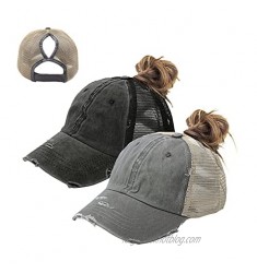 Women Criss-Cross Washed Ponytail-Hat - Mesh Baseball Cap High Bun Trucker Hats
