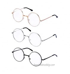 PLAY BLING Large 2 Metal Frame Round Glasses Set of 3 Oversized Clear Lens Glasses Lightweight Circle Eyeglasses for Women Men