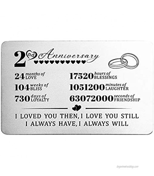 2nd Anniversary Wallet Card for Husband Wife Boyfriend Girlfriend - 2 Years Wedding Anniversary Card for Him Men or Her Women - Personalized Engraved Anniversary Card Insert for Couples