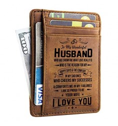 Husband Walet - Engraved Leather Front Pocket Wallet (M - My husband  I will always love you)