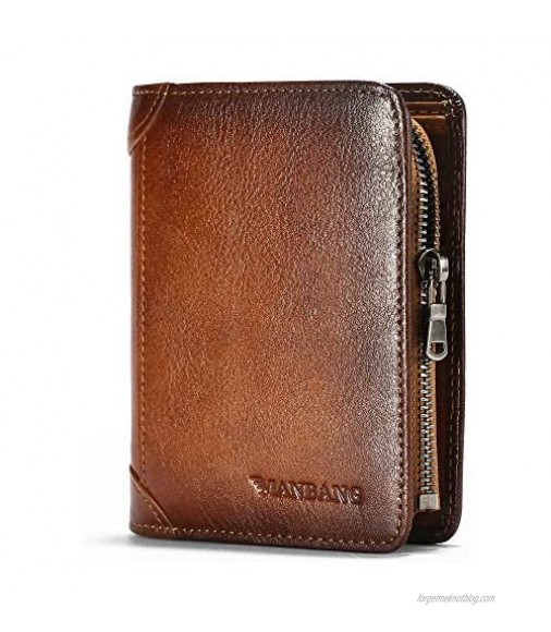Men Wallet Zipper Genuine Leather Purse Vintage Cowhide Zip Coin Pocket Short Purse Brown(anti-theft brush)…