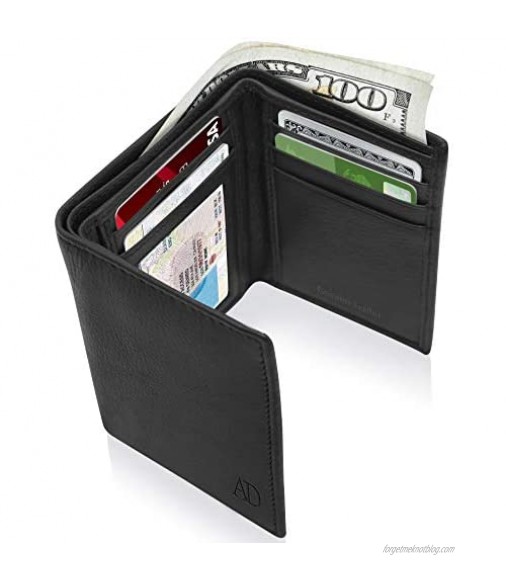 Trifold Wallets For Men RFID - Genuine Leather Slim Mens Wallet With ID Window Front Pocket Wallet Gifts For Men