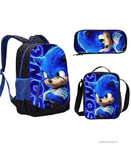 3 PCS Hedgehog School Backpack SET 17 IN Large Cartoon Big Kids Student Bag Teenager Travel Laptop Daypack Bag For Boy Men