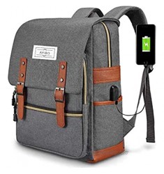 AYIBO Vintage Laptop Backpack Middle School College Student Bag with USB Charging Port Gifts for Women and Men Fit 15.6inchs Notebook Grey