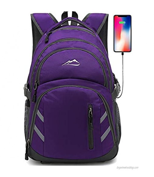 Backpack Bookbag for School College Student Laptop Travel Business with USB Charging Port Laptop Compartment Luggage Straps Anti theft Night Light Reflective (Purple)