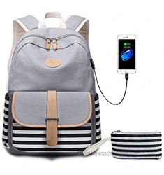 Lmeison Canvas Backpack for Teen Girls  Lightweight Cute Striped School Bookbag with USB Charging Port&Pencil Case  Charging Backpack Set for Women College 15.6" Laptop Bag Travel Daypack  Grey