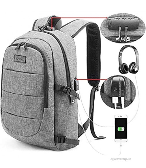 Tzowla Travel Laptop Backpack Slim Durable Water Resistant Anti-Theft Bag with USB Charging/Headphone Port and Lock 15.6 Inch Computer Business Gift for Women Men College School Bookbag-Grey