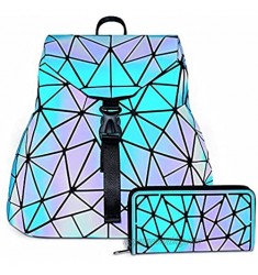 Holographic Backpack Purse for Women  Geometric Luminous Backpack Wallet Set Reflective Leather Bag with Large Capacity  Party Bags for Girls  Suitable for Traveling or Shopping  Blue (2PCS)