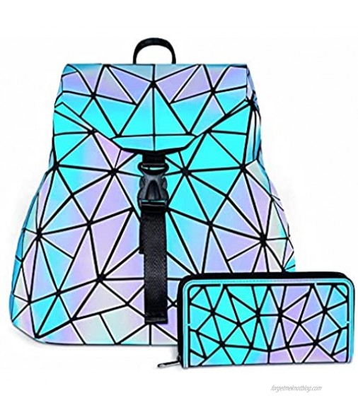 Holographic Backpack Purse for Women Geometric Luminous Backpack Wallet Set Reflective Leather Bag with Large Capacity Party Bags for Girls Suitable for Traveling or Shopping Blue (2PCS)