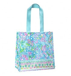 Lilly Pulitzer Blue/Green Market Shopper Bag Reusable Grocery Tote with Comfortable Shoulder Straps Aqua La Vista