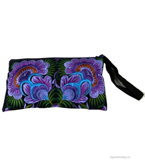 BTP! HMONG Wristlet Clutch Hill Tribe Ethnic Embroidered Bag Hippie Boho Hobo Purple Floral Large HMW3